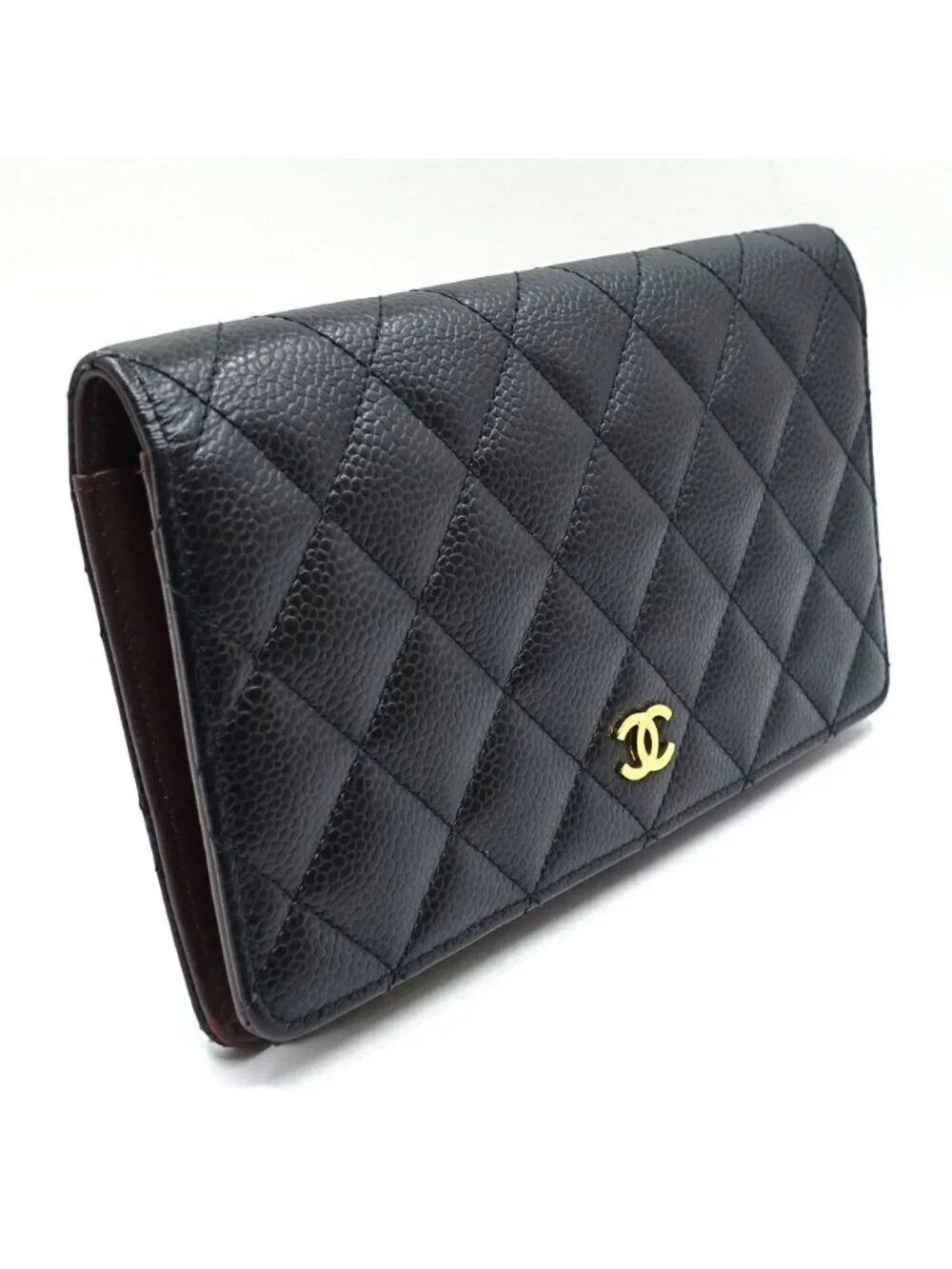 Chanel Quilted Bifold Wallet Black Gold Caviar Leather CC Logo